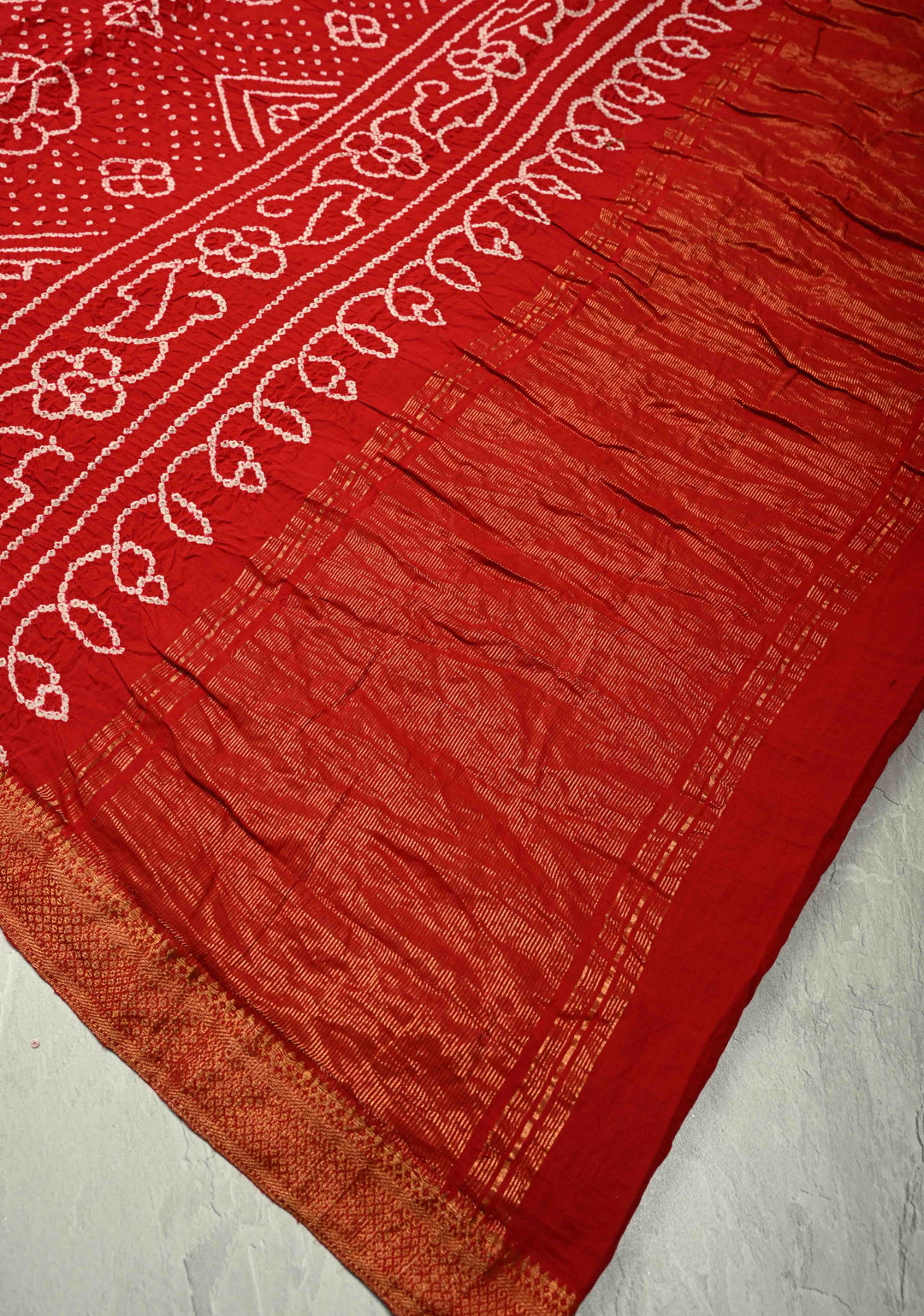 Red Hand Bandhej Fusion Mangalagiri Cotton Saree with Nizam Zari Border | SHOBITAM