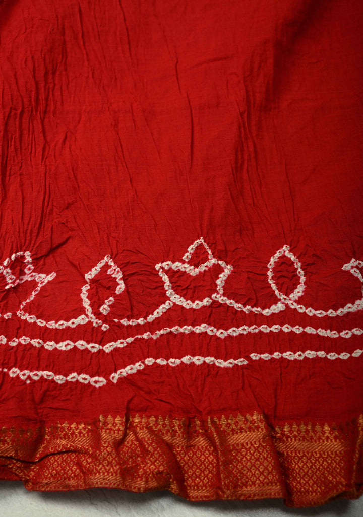 Red Hand Bandhej Fusion Mangalagiri Cotton Saree with Nizam Zari Border | SHOBITAM