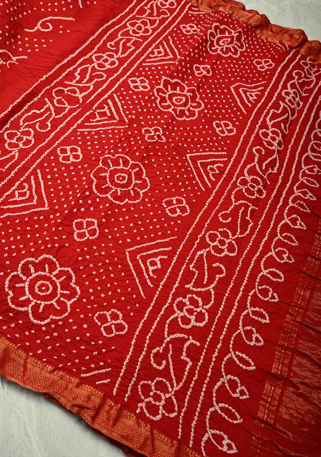 Red Hand Bandhej Fusion Mangalagiri Cotton Saree with Nizam Zari Border | SHOBITAM