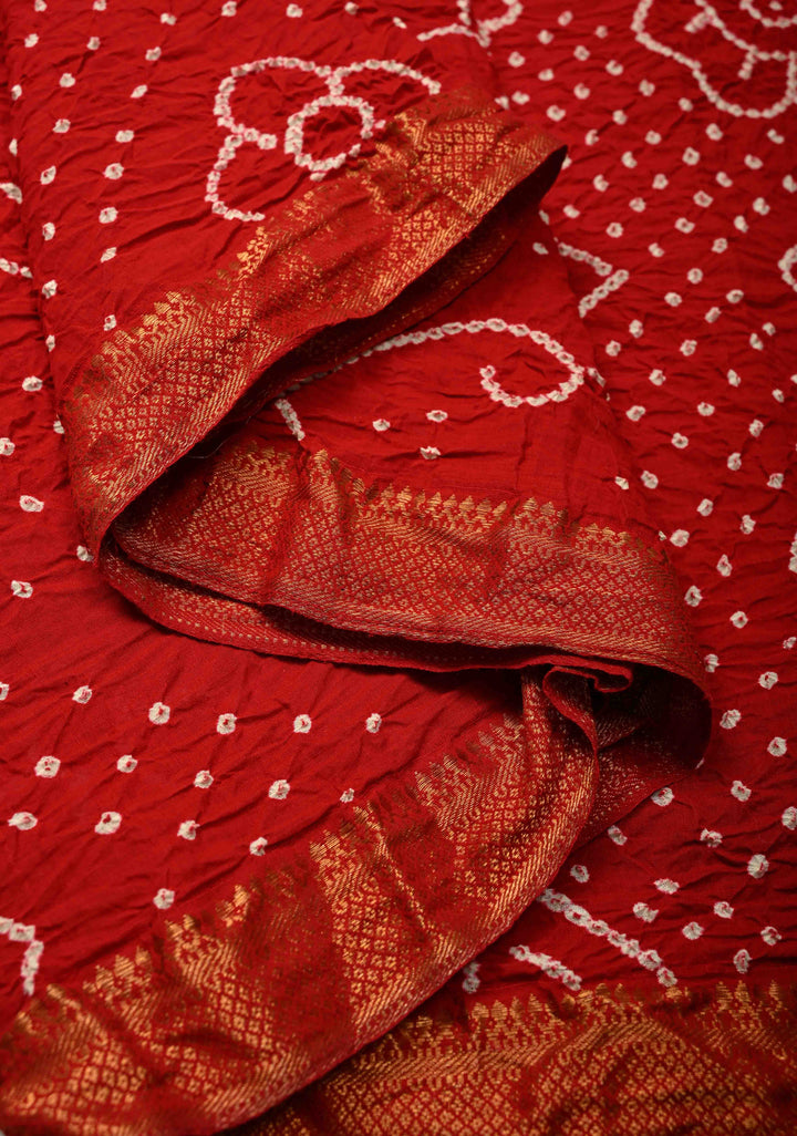 Red Hand Bandhej Fusion Mangalagiri Cotton Saree with Nizam Zari Border | SHOBITAM