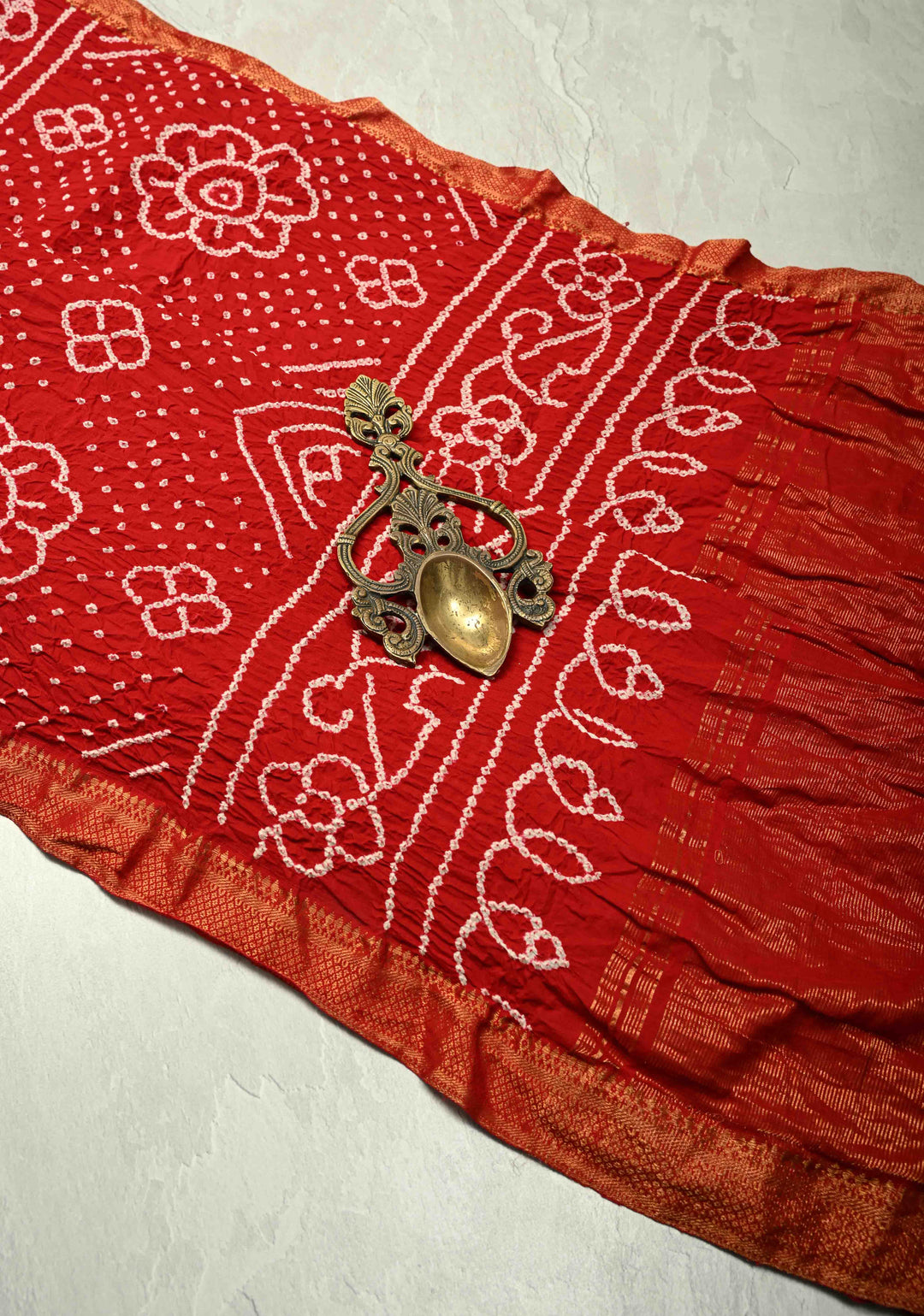 Red Hand Bandhej Fusion Mangalagiri Cotton Saree with Nizam Zari Border | SHOBITAM