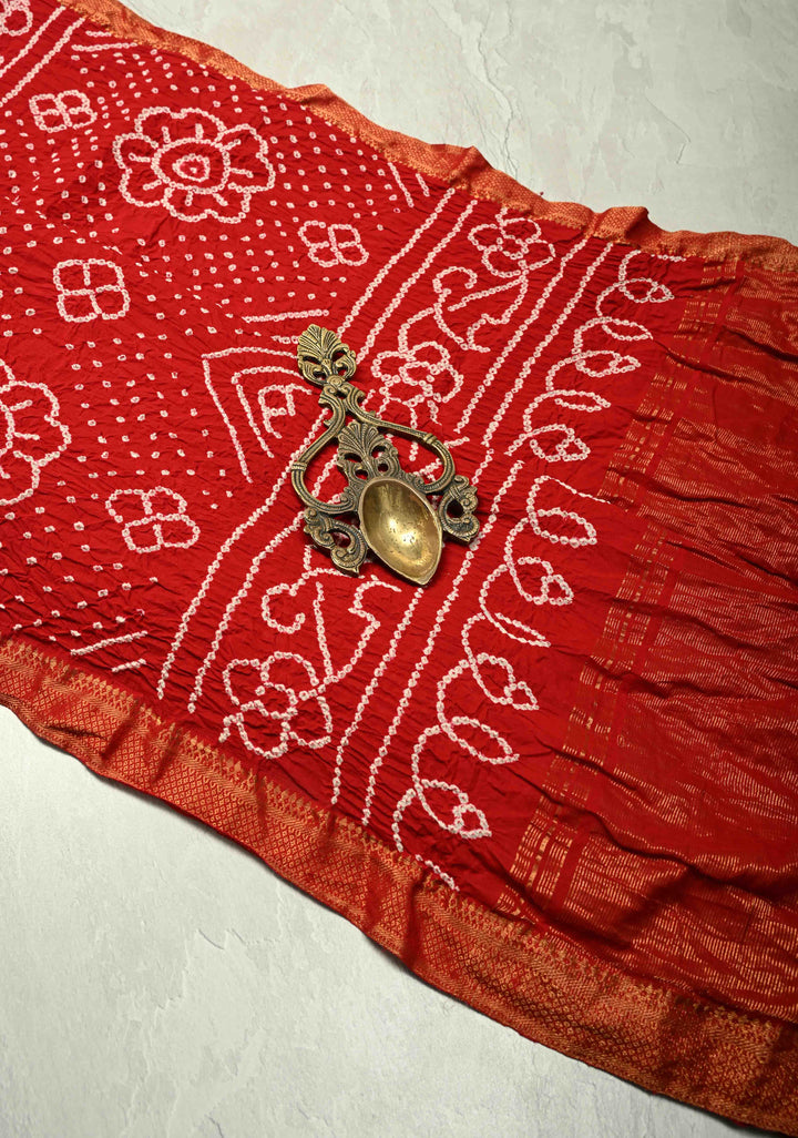 Red Hand Bandhej Fusion Mangalagiri Cotton Saree with Nizam Zari Border | SHOBITAM