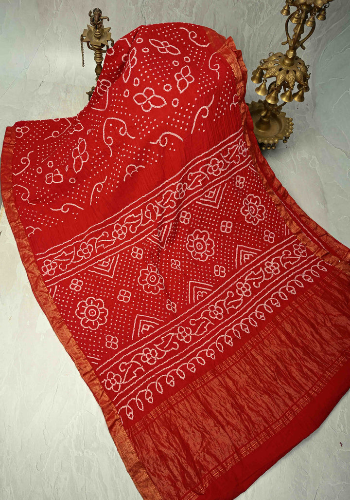 Red Hand Bandhej Fusion Mangalagiri Cotton Saree with Nizam Zari Border | SHOBITAM