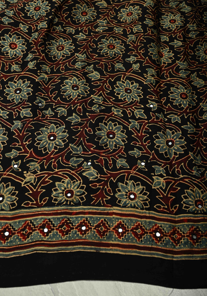 Black Modal Silk Saree with Ajrakh Hand Block Print and Tikki Mirror Work