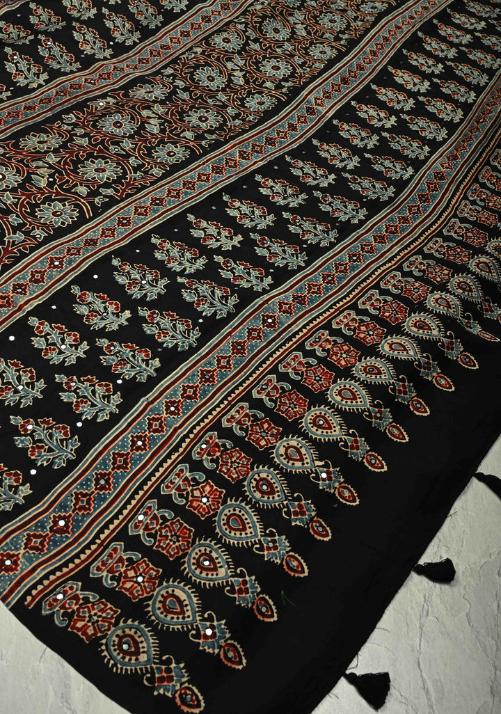Black Modal Silk Saree with Ajrakh Hand Block Print and Tikki Mirror Work