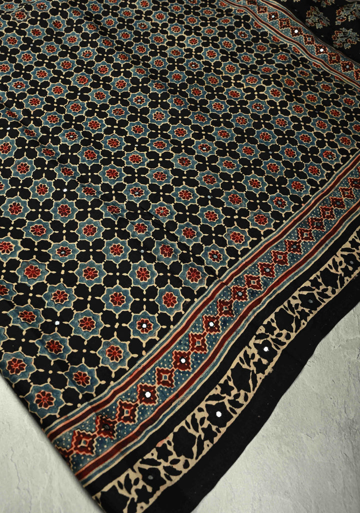 Black Modal Silk Saree with Ajrakh Hand Block Print and Tikki Mirror Work