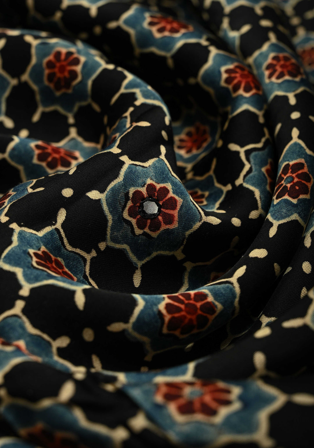 Black Modal Silk Saree with Ajrakh Hand Block Print and Tikki Mirror Work