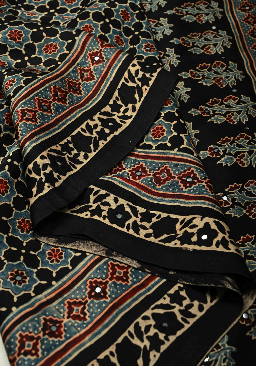 Black Modal Silk Saree with Ajrakh Hand Block Print and Tikki Mirror Work