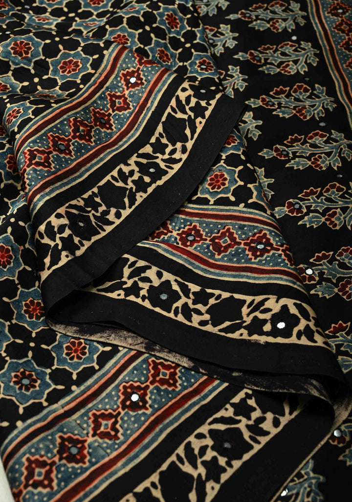Black Modal Silk Saree with Ajrakh Hand Block Print and Tikki Mirror Work
