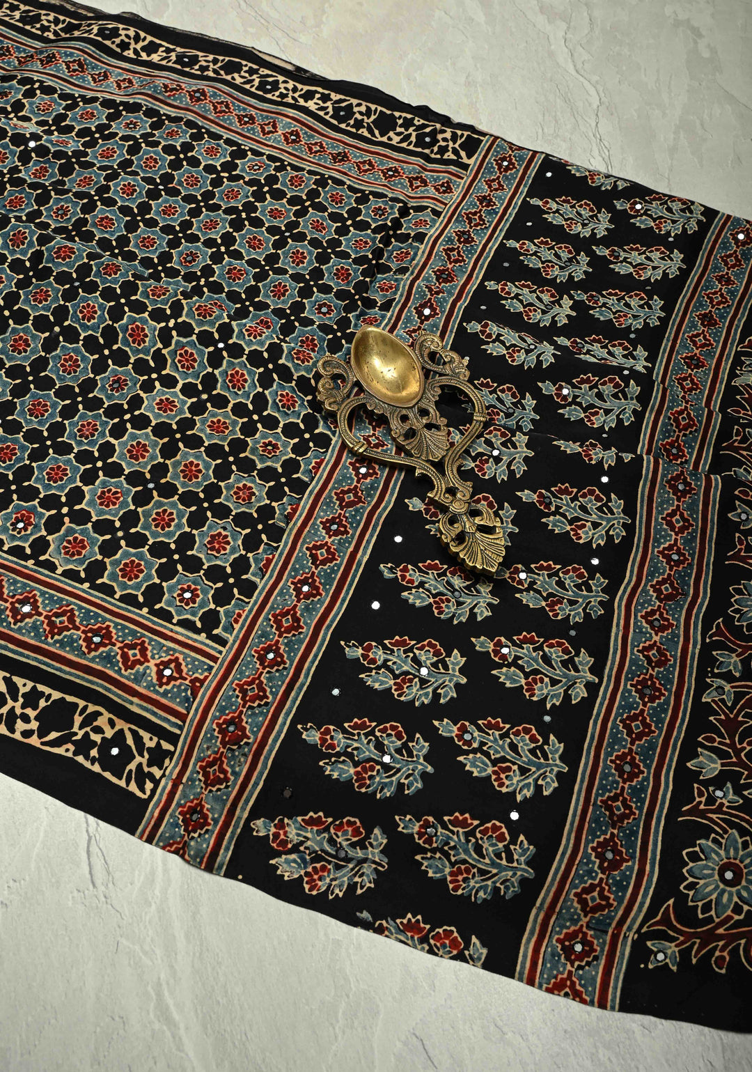 Black Modal Silk Saree with Ajrakh Hand Block Print and Tikki Mirror Work