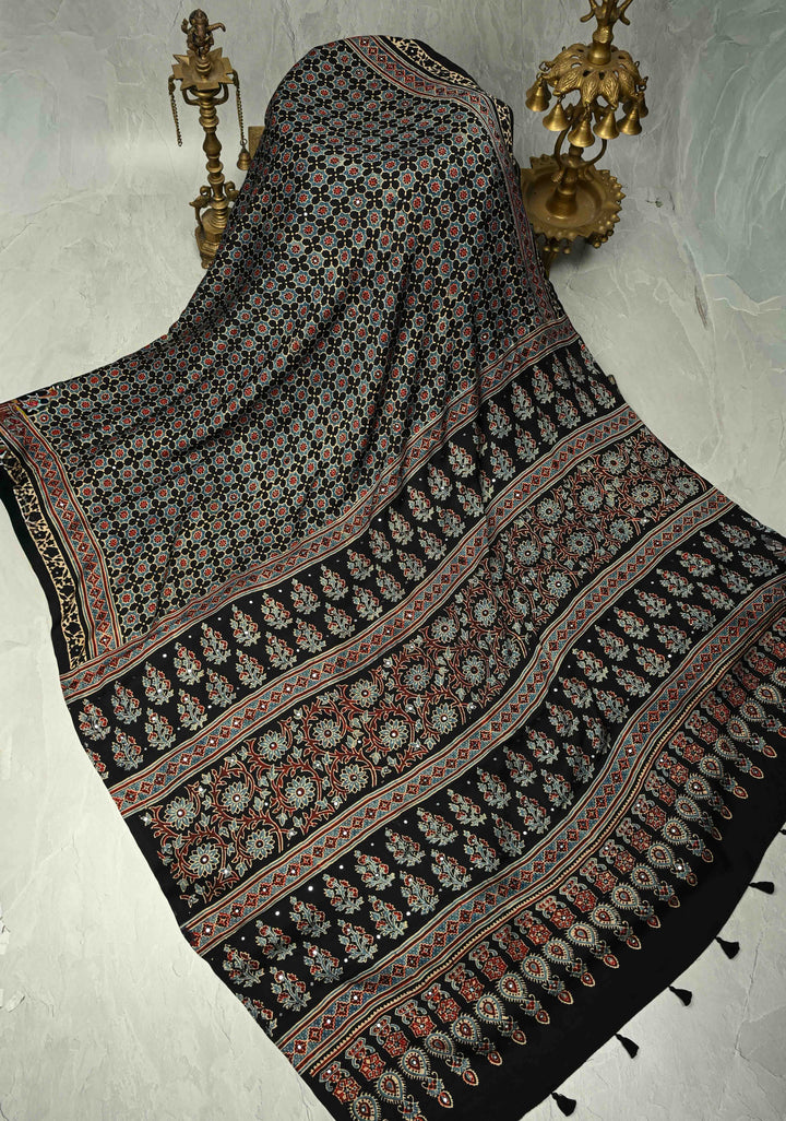 Black Modal Silk Saree with Ajrakh Hand Block Print and Tikki Mirror Work