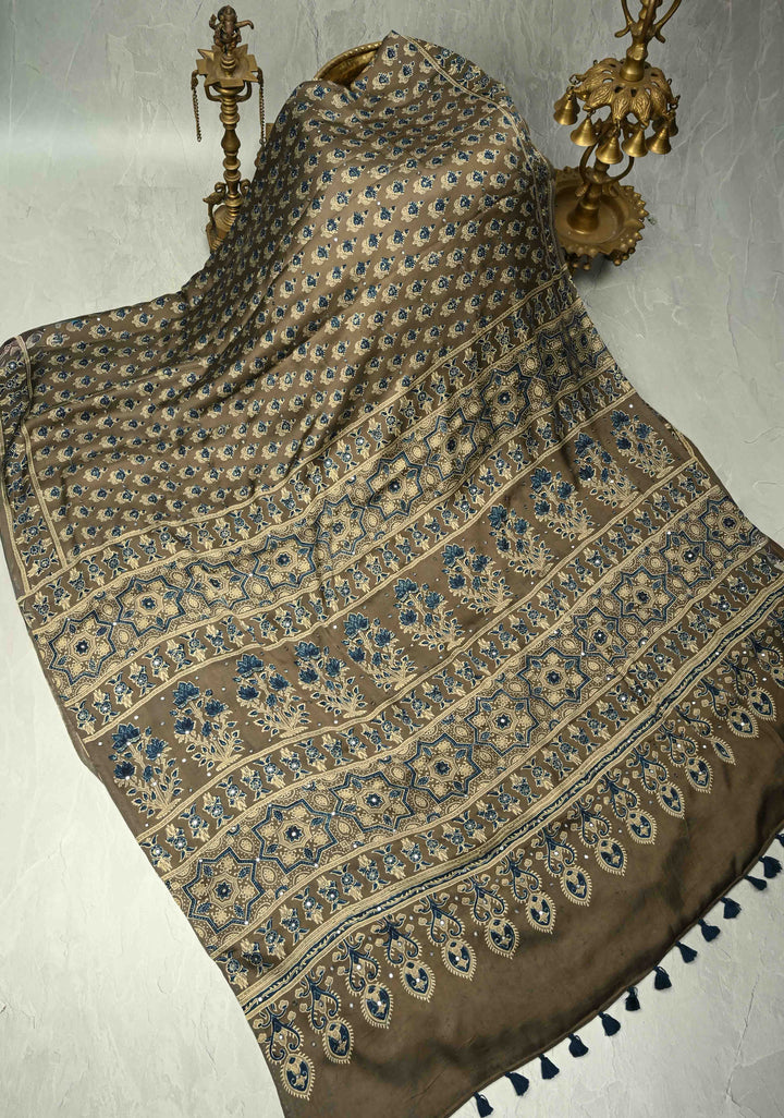 Taupe Modal Silk Saree with Floral Hand Block Print and Tikki Mirror Work