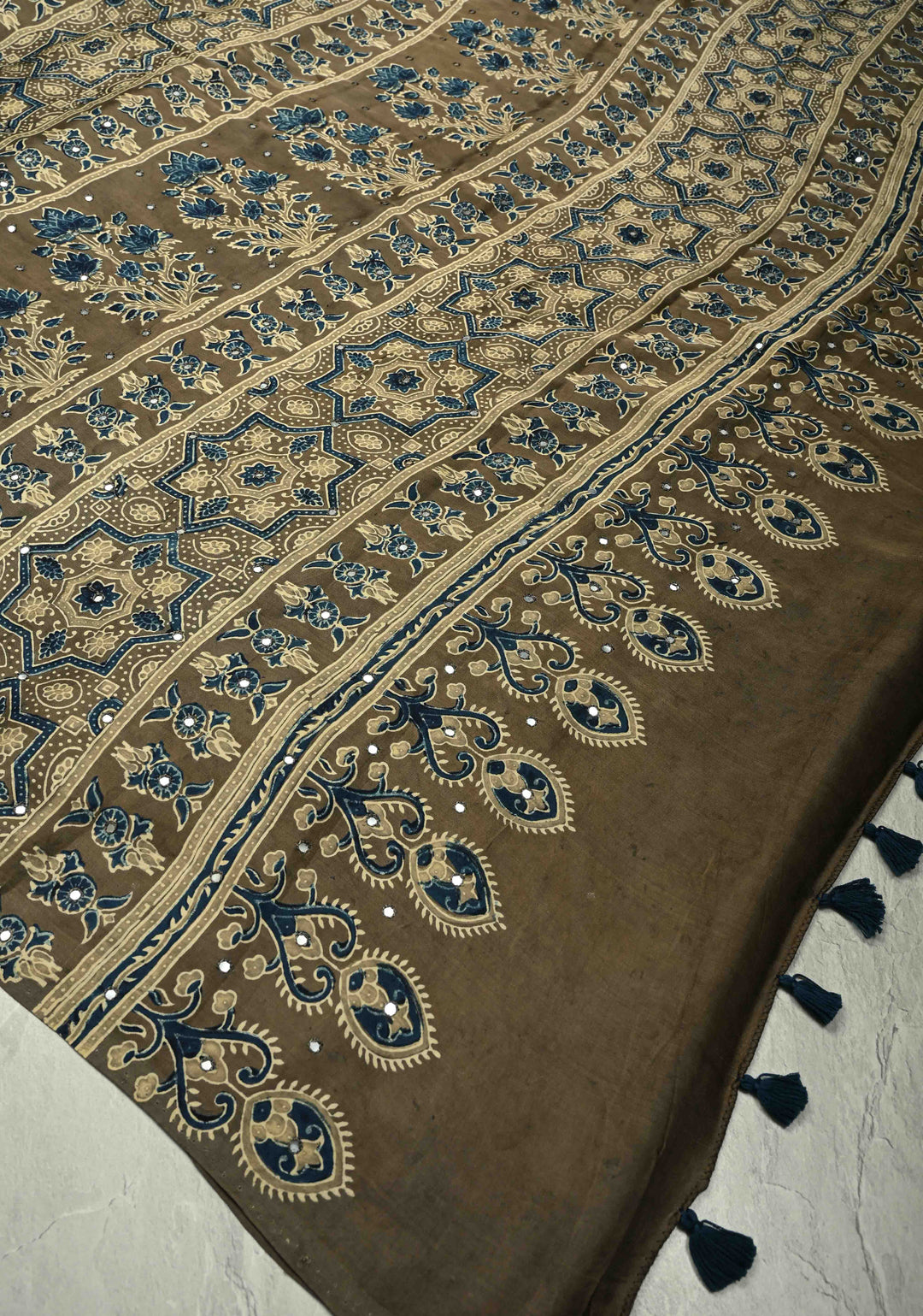 Taupe Modal Silk Saree with Floral Hand Block Print and Tikki Mirror Work