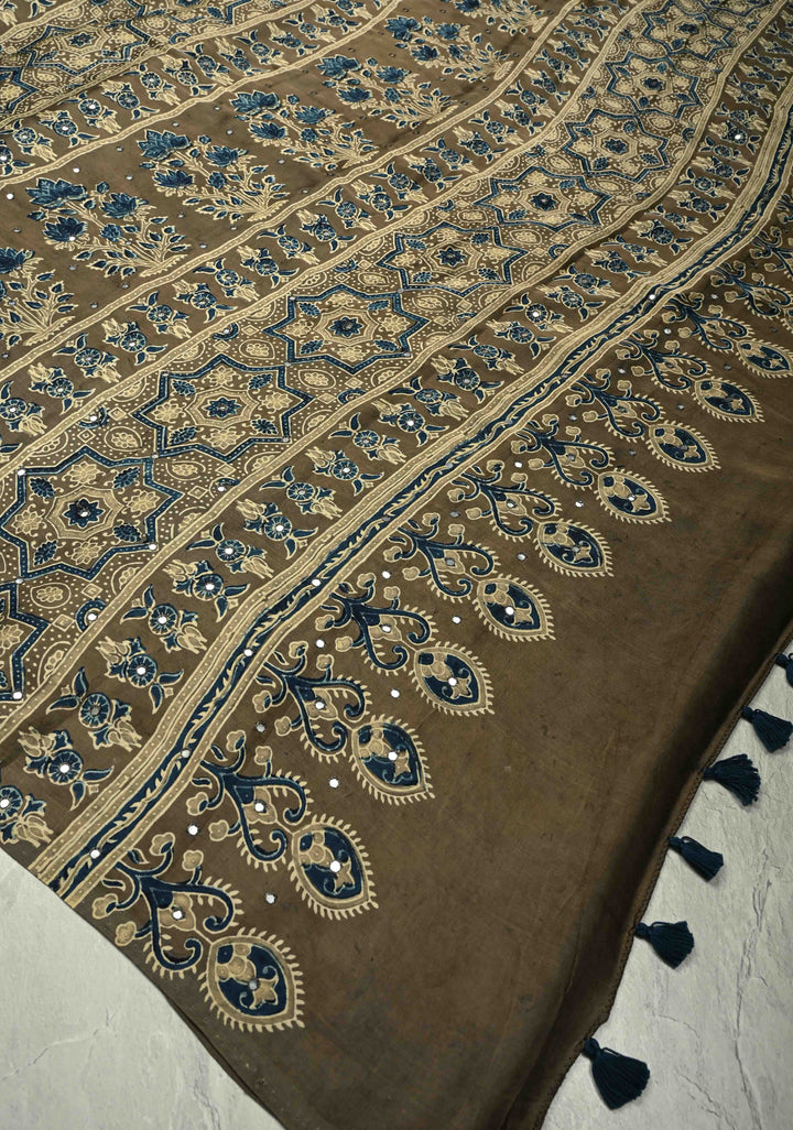 Taupe Modal Silk Saree with Floral Hand Block Print and Tikki Mirror Work