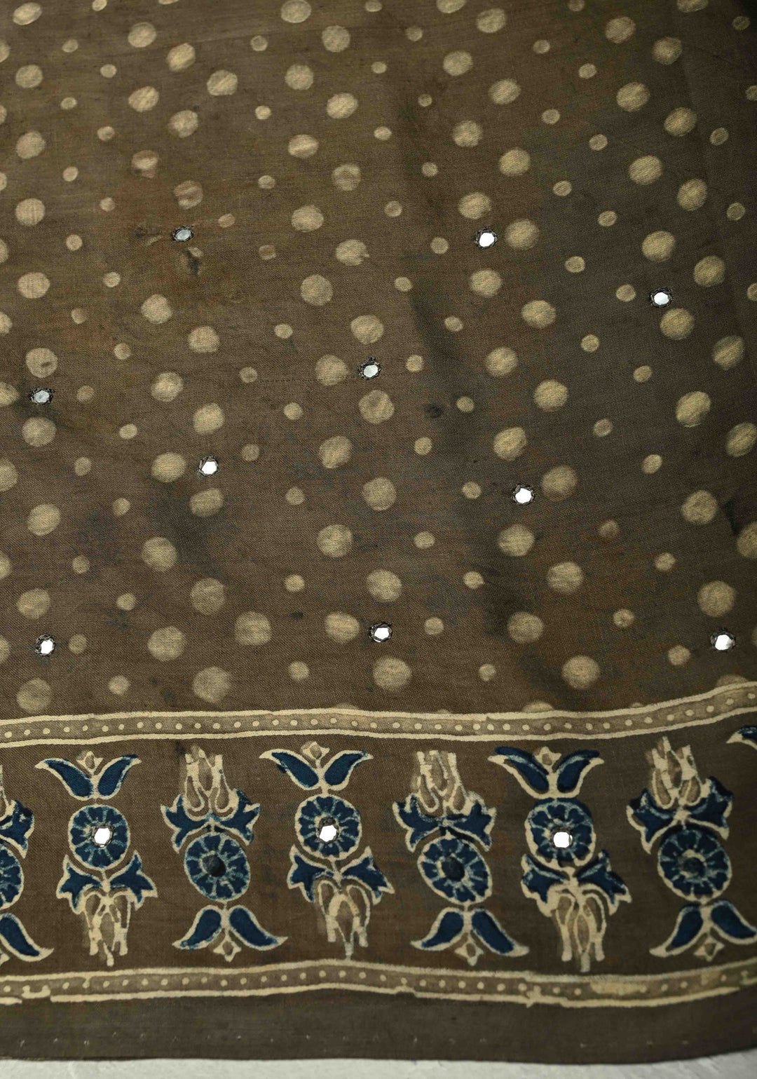 Taupe Modal Silk Saree with Floral Hand Block Print and Tikki Mirror Work