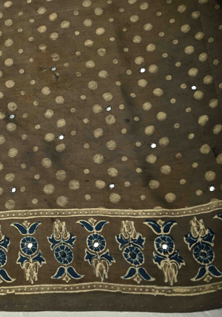 Taupe Modal Silk Saree with Floral Hand Block Print and Tikki Mirror Work