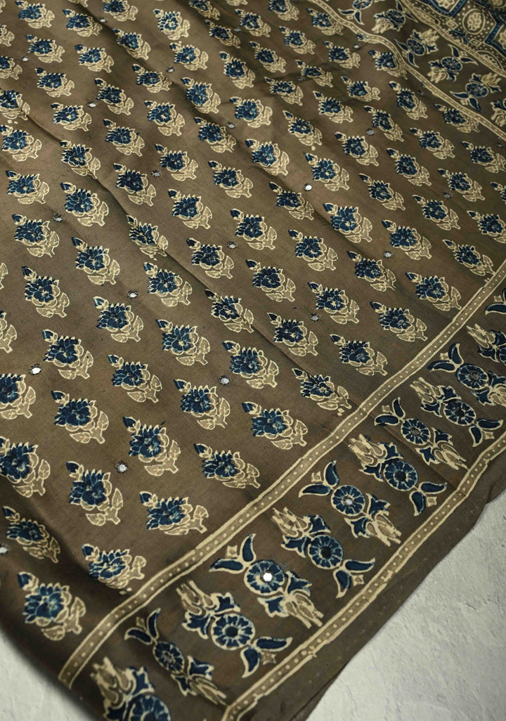 Taupe Modal Silk Saree with Floral Hand Block Print and Tikki Mirror Work