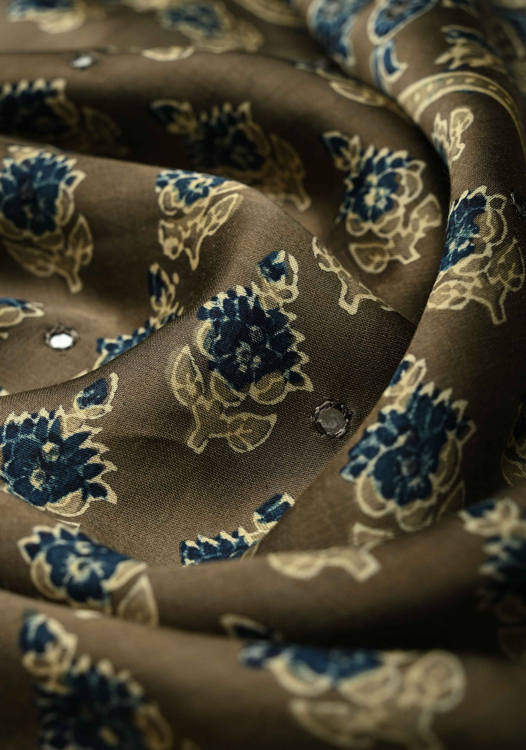 Taupe Modal Silk Saree with Floral Hand Block Print and Tikki Mirror Work