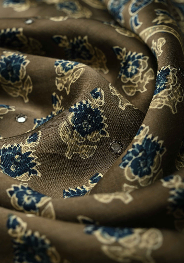 Taupe Modal Silk Saree with Floral Hand Block Print and Tikki Mirror Work