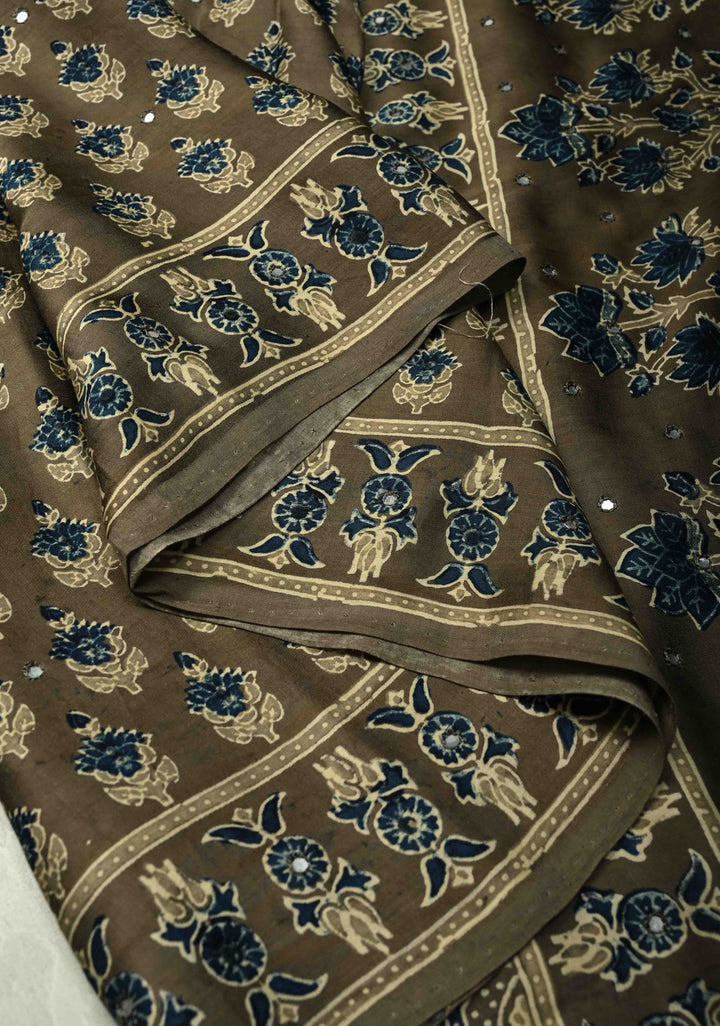 Taupe Modal Silk Saree with Floral Hand Block Print and Tikki Mirror Work