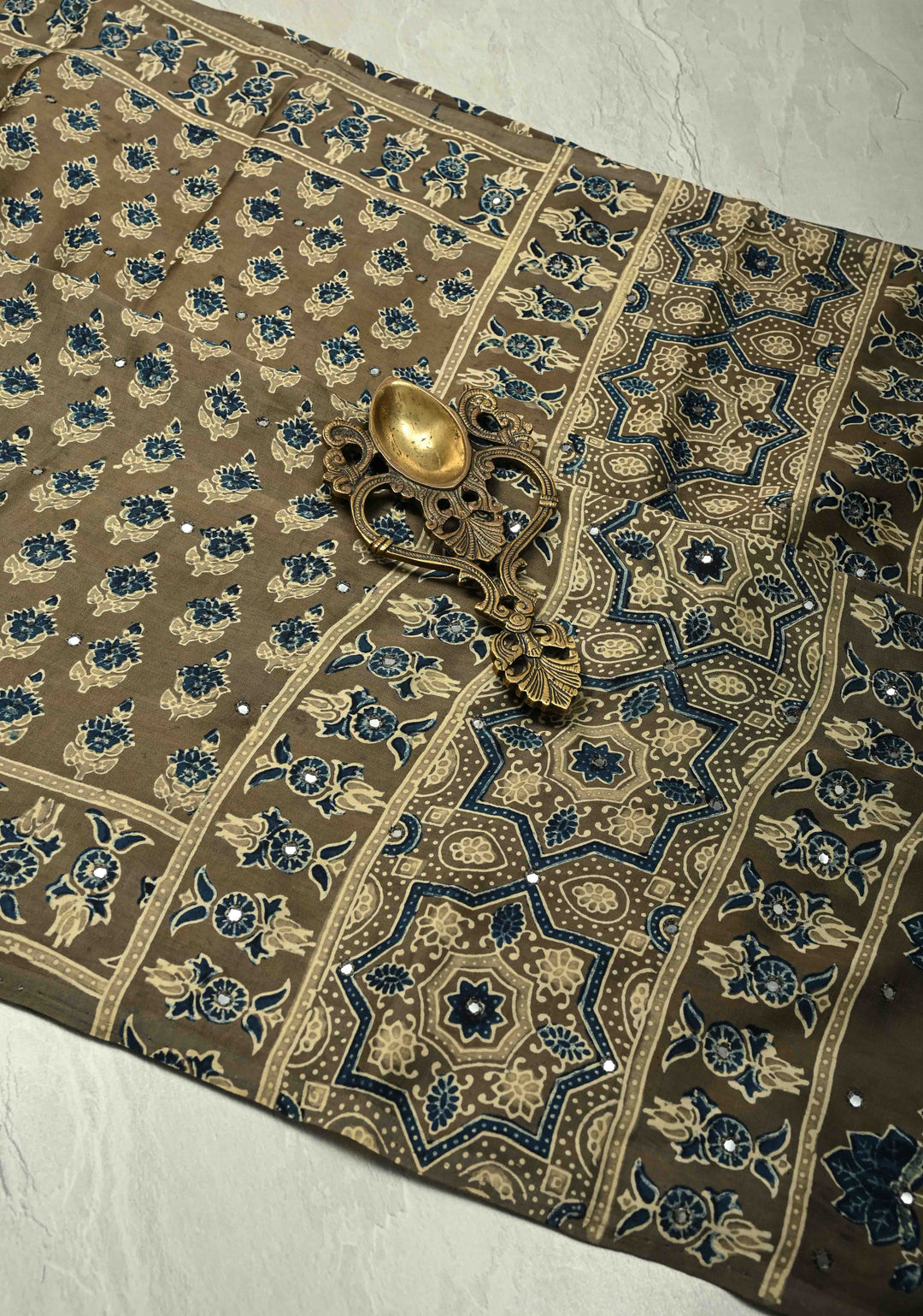 Taupe Modal Silk Saree with Floral Hand Block Print and Tikki Mirror Work