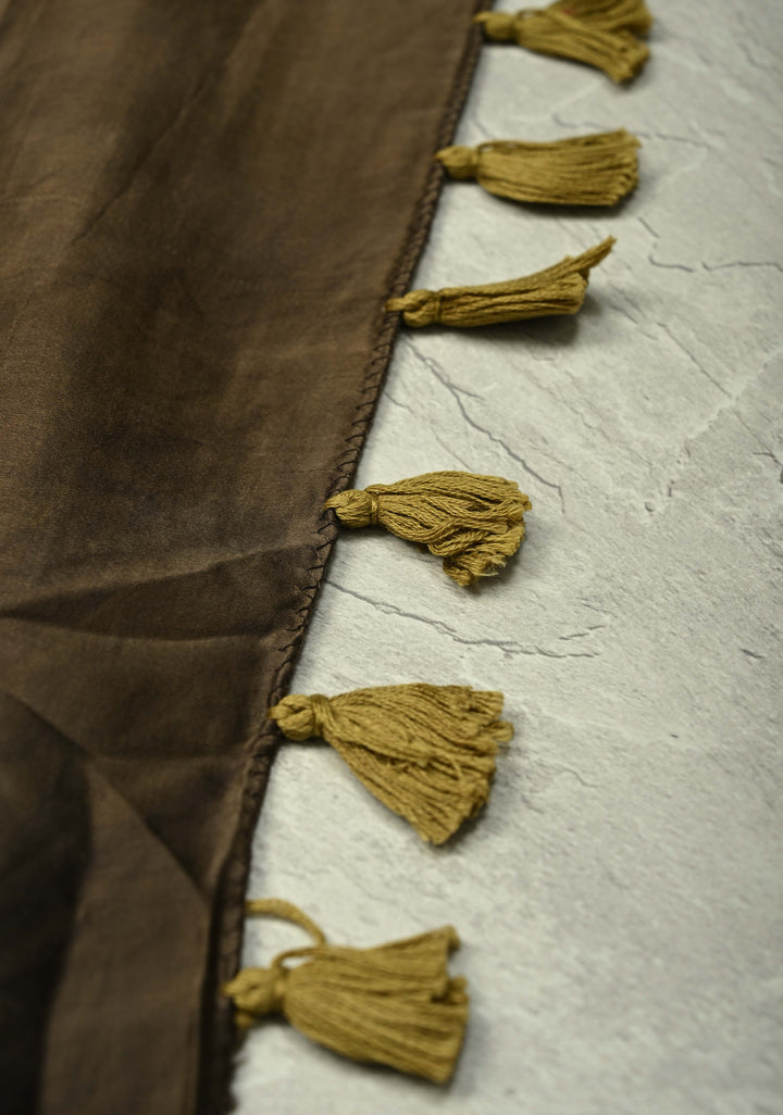 Ollive Green Ajrakh Block Print on Modal Saree with Mirror Work