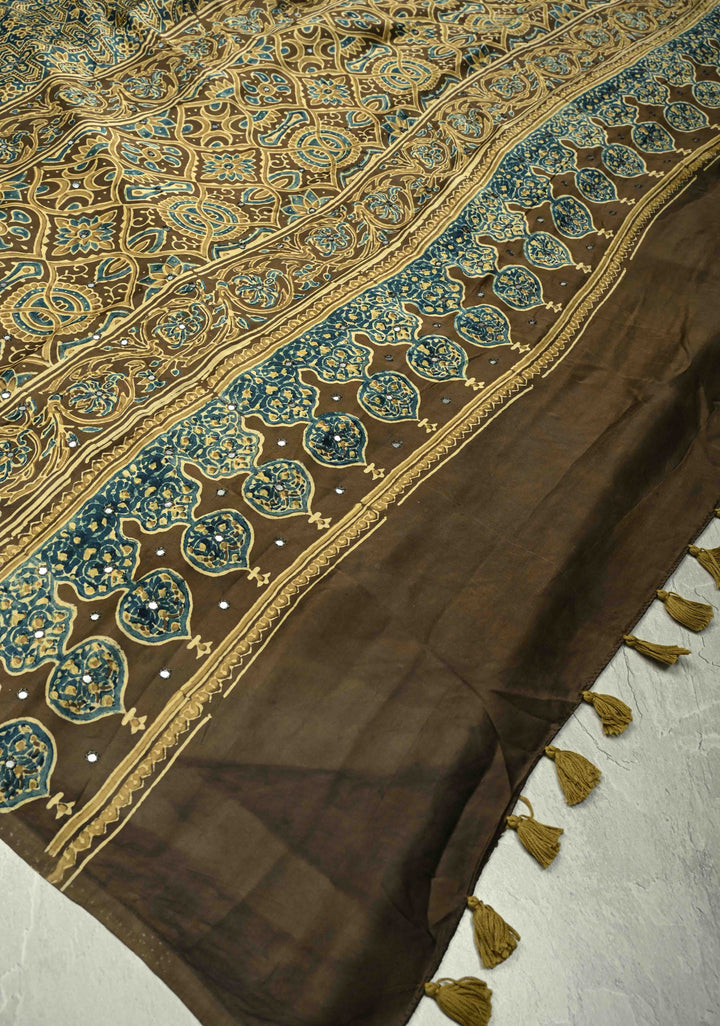 Ollive Green Ajrakh Block Print on Modal Saree with Mirror Work