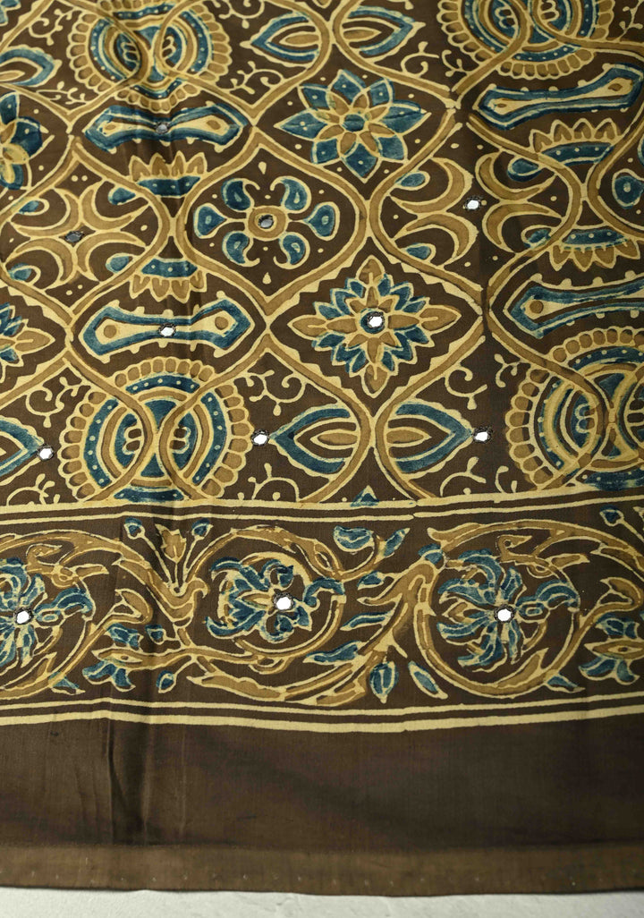 Ollive Green Ajrakh Block Print on Modal Saree with Mirror Work