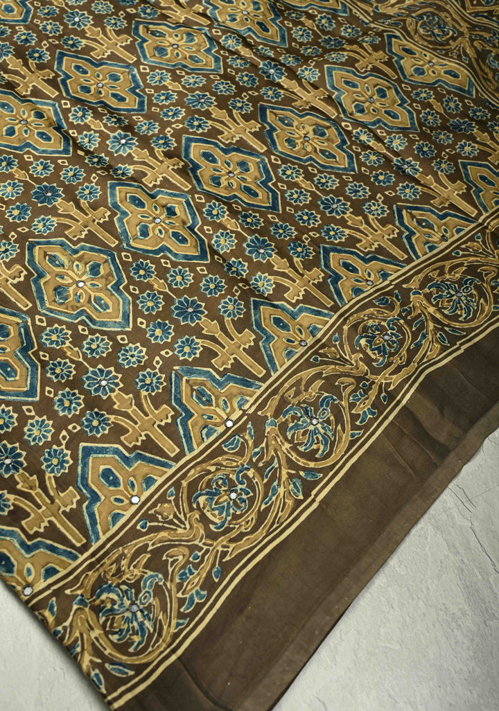 Ollive Green Ajrakh Block Print on Modal Saree with Mirror Work