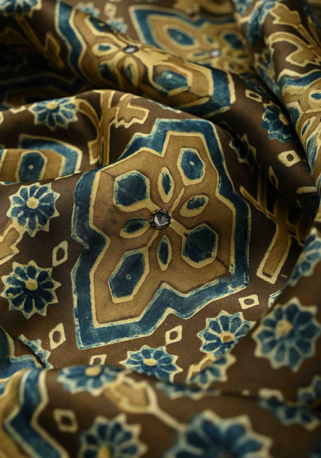 Ollive Green Ajrakh Block Print on Modal Saree with Mirror Work