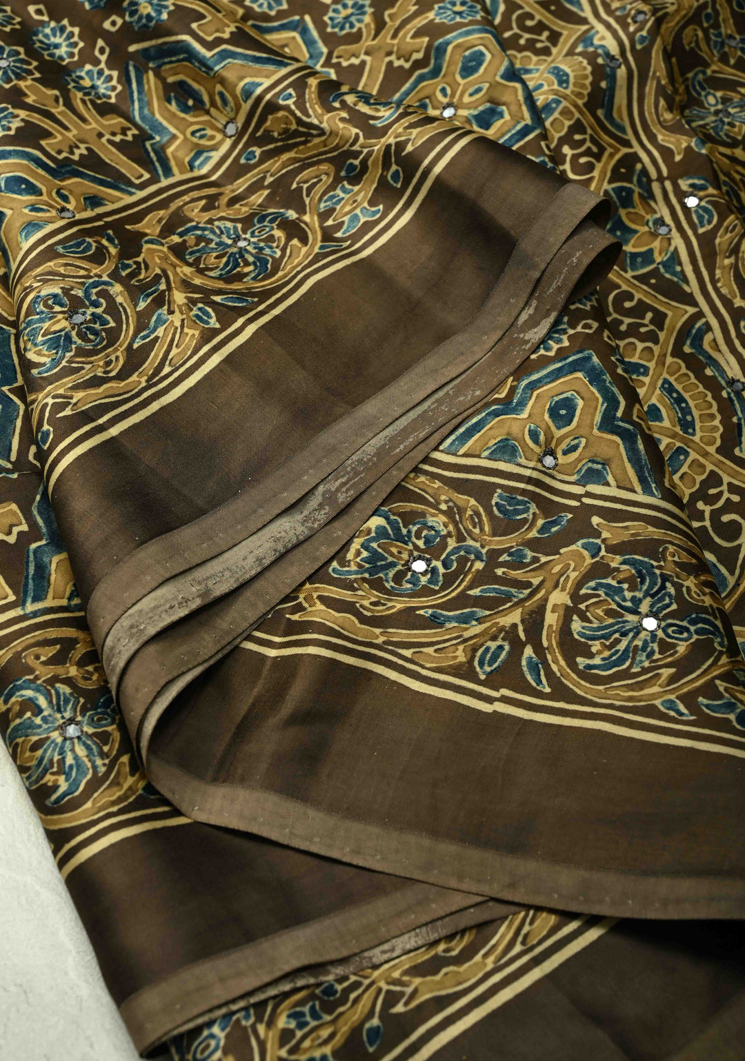 Ollive Green Ajrakh Block Print on Modal Saree with Mirror Work