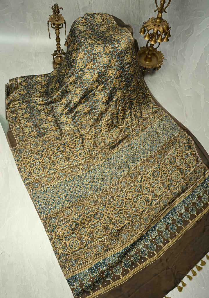 Ollive Green Ajrakh Block Print on Modal Saree with Mirror Work