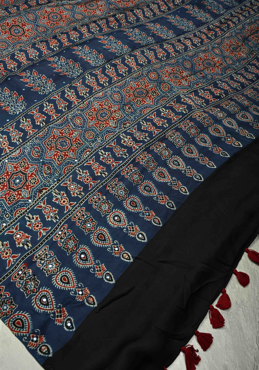 Indigo Ajrakh Block Print on Modal Saree with Mirror Work