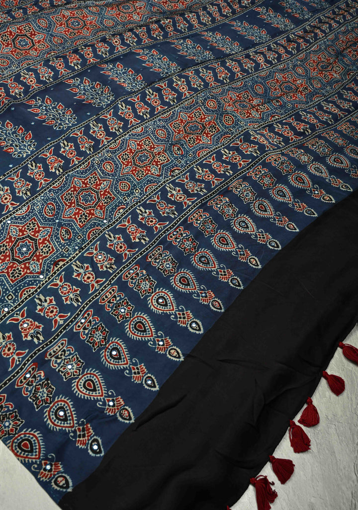 Indigo Ajrakh Block Print on Modal Saree with Mirror Work