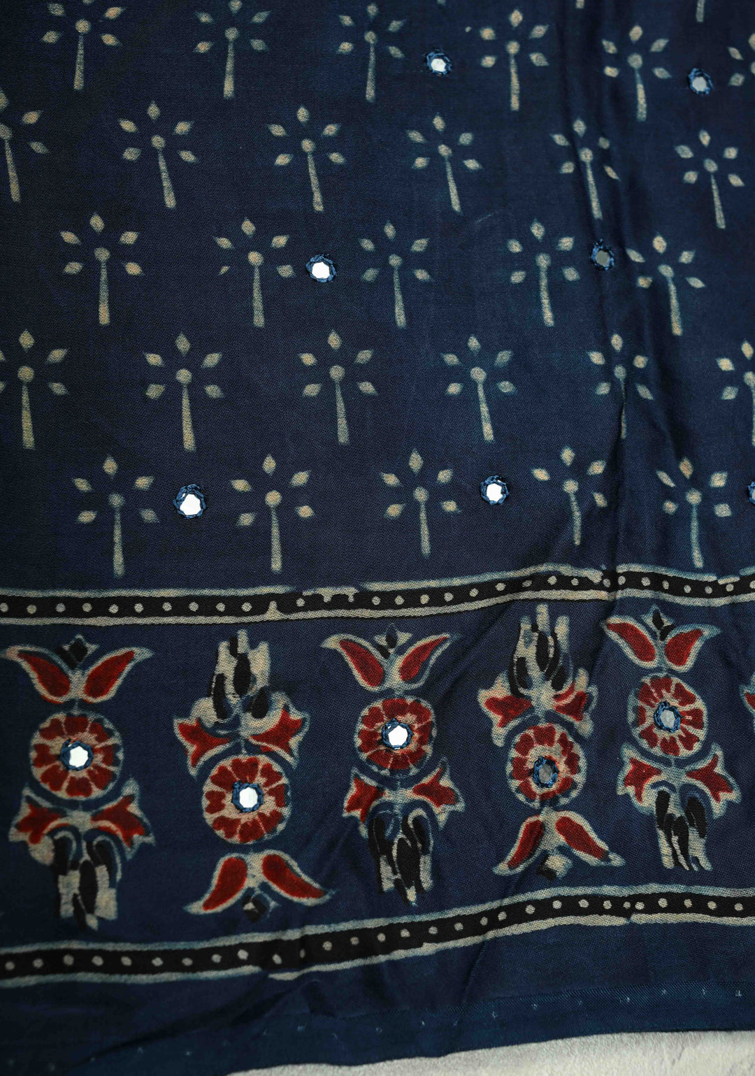 Indigo Ajrakh Block Print on Modal Saree with Mirror Work