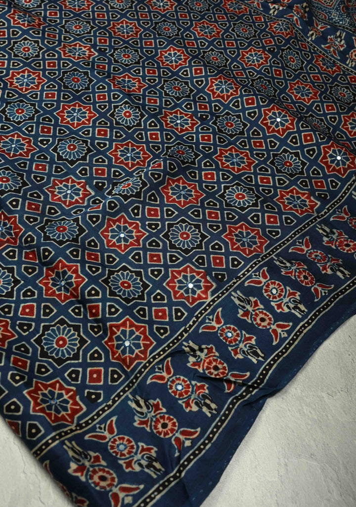 Indigo Ajrakh Block Print on Modal Saree with Mirror Work