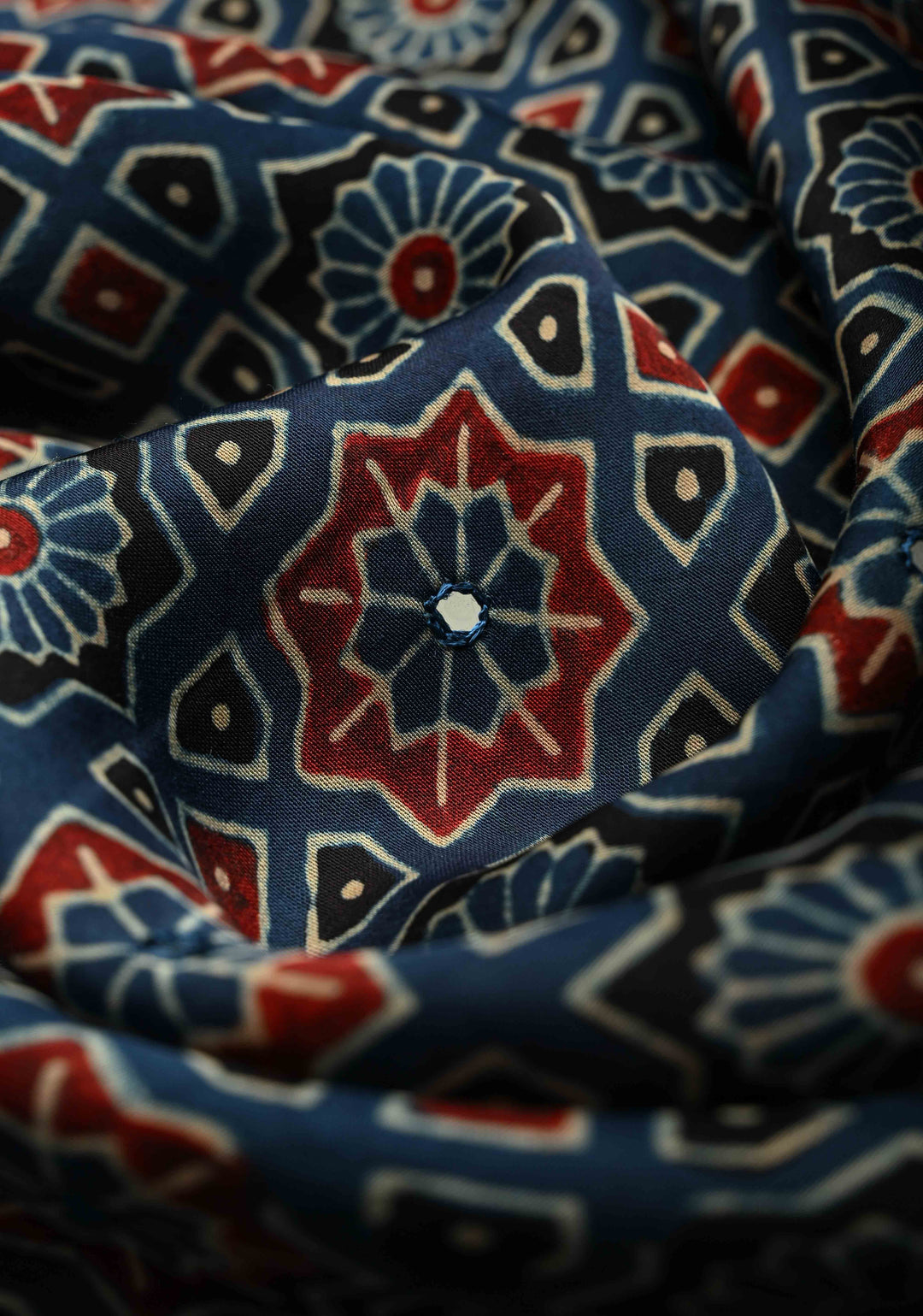 Indigo Ajrakh Block Print on Modal Saree with Mirror Work