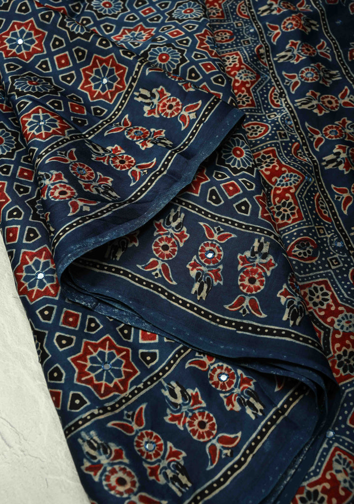 Indigo Ajrakh Block Print on Modal Saree with Mirror Work