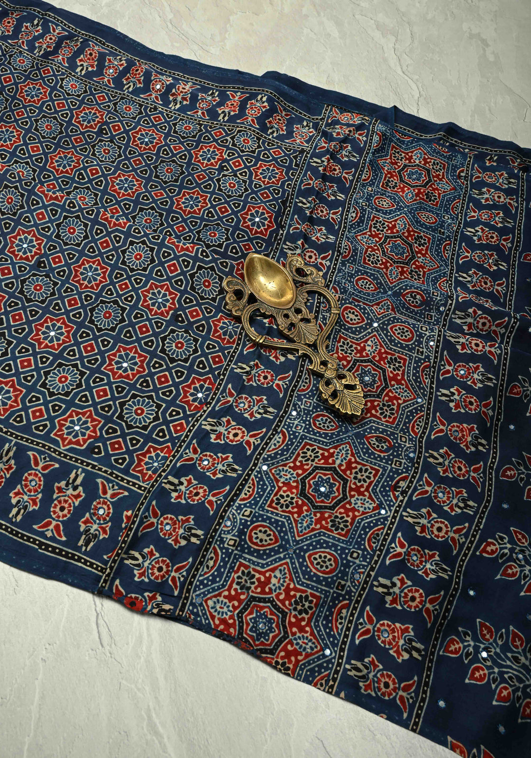 Indigo Ajrakh Block Print on Modal Saree with Mirror Work