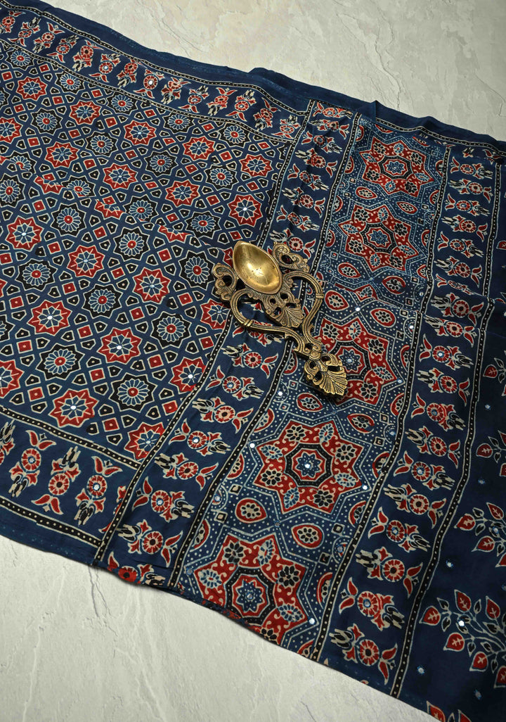 Indigo Ajrakh Block Print on Modal Saree with Mirror Work