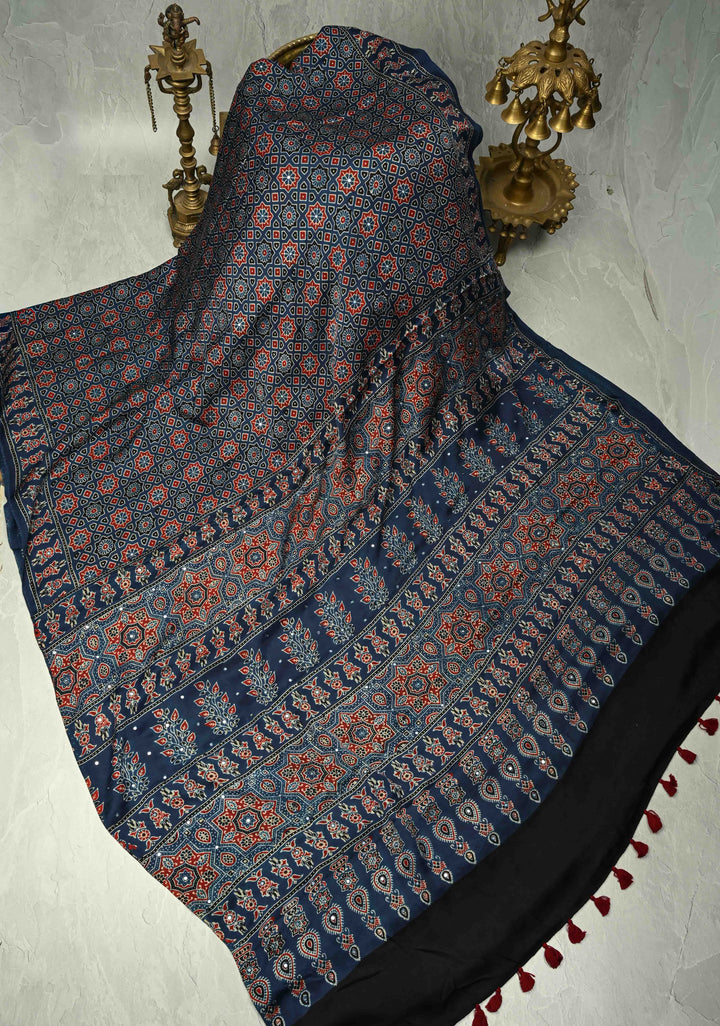 Indigo Ajrakh Block Print on Modal Saree with Mirror Work