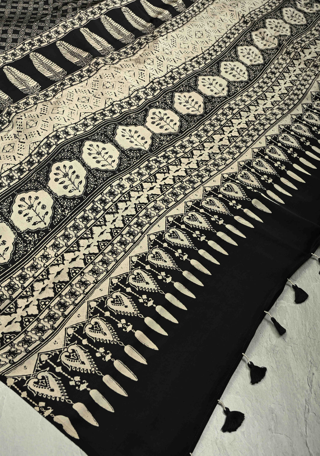 Black Modal Silk Saree with Geometric Hand Block Print