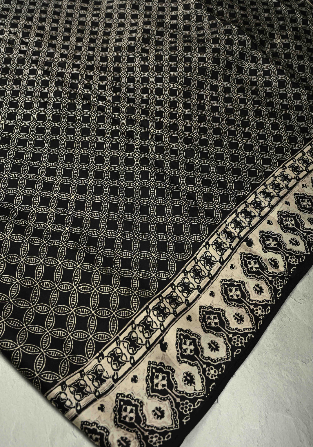 Black Modal Silk Saree with Geometric Hand Block Print