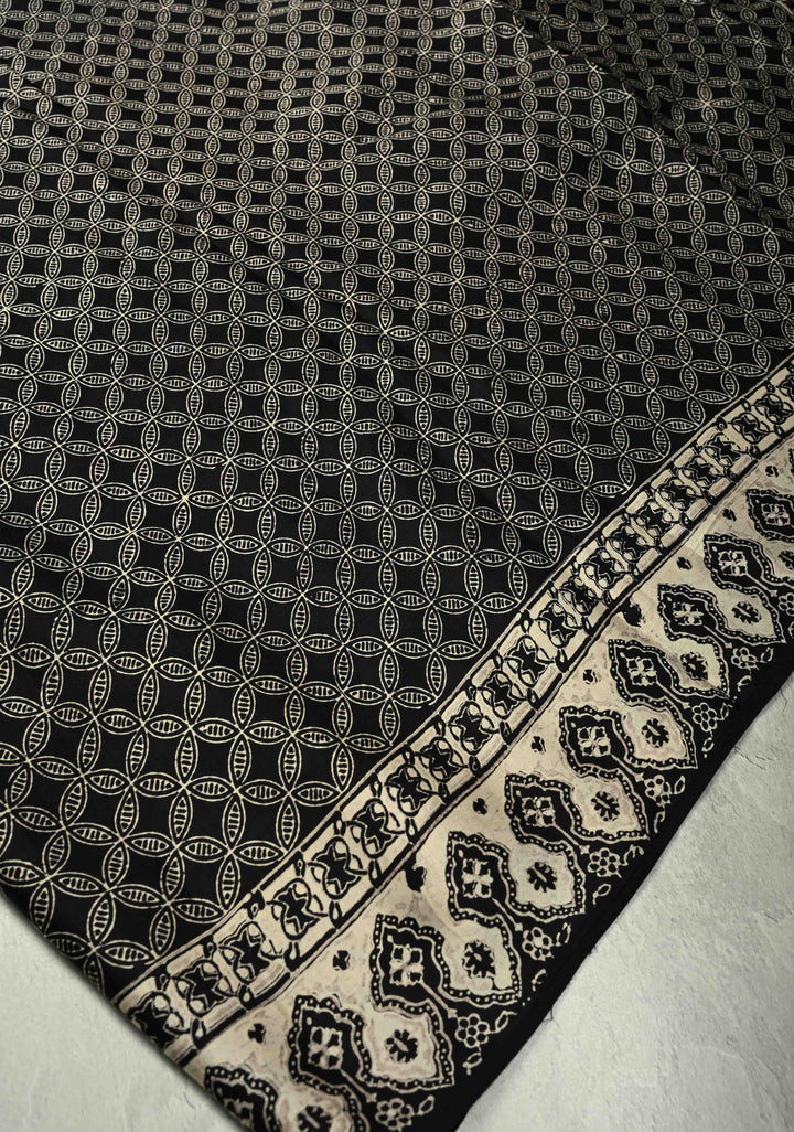 Black Modal Silk Saree with Geometric Hand Block Print