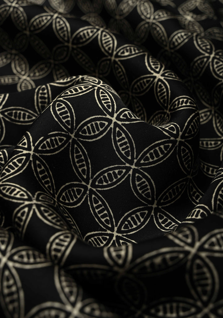 Black Modal Silk Saree with Geometric Hand Block Print