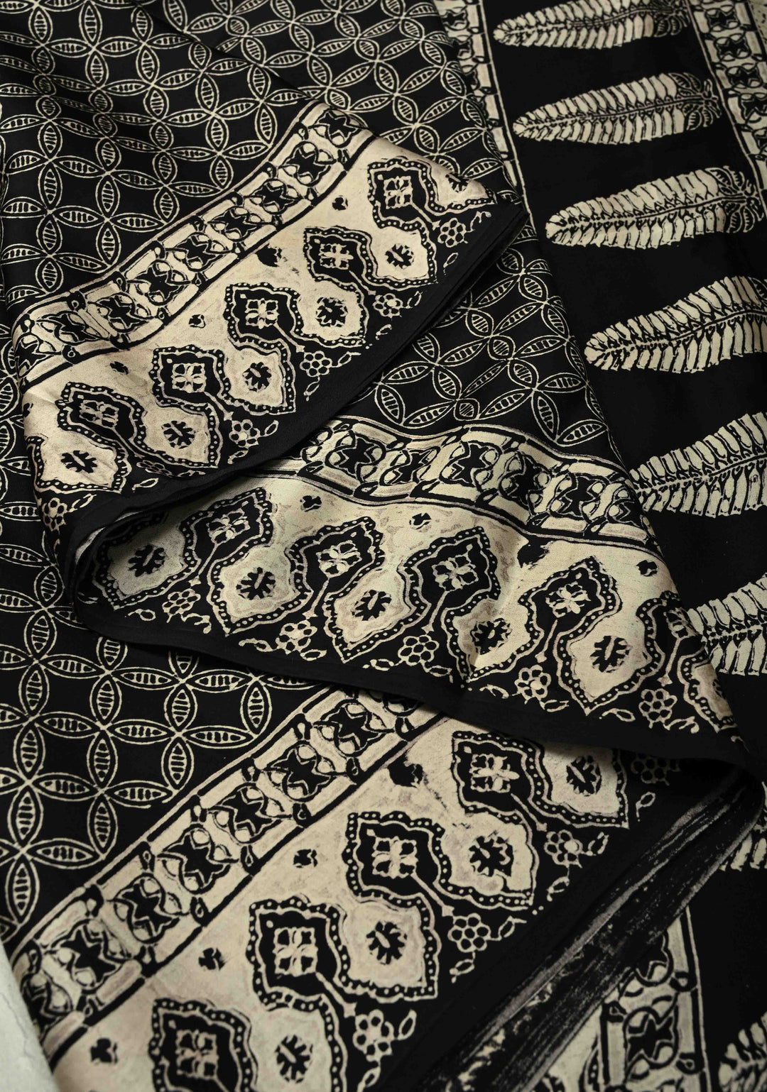 Black Modal Silk Saree with Geometric Hand Block Print