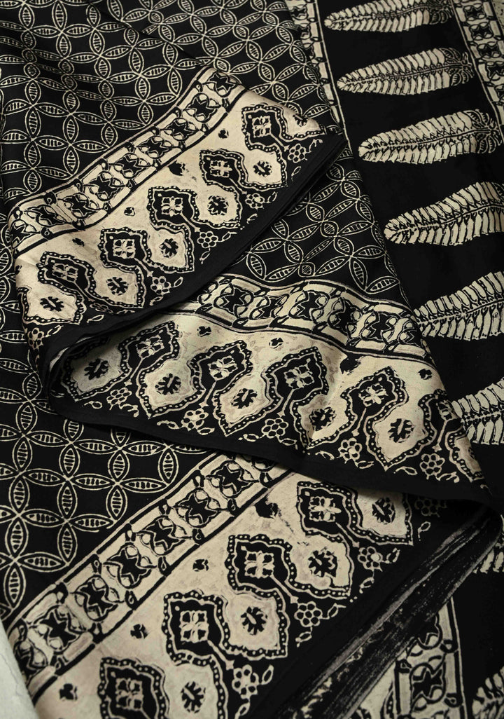 Black Modal Silk Saree with Geometric Hand Block Print