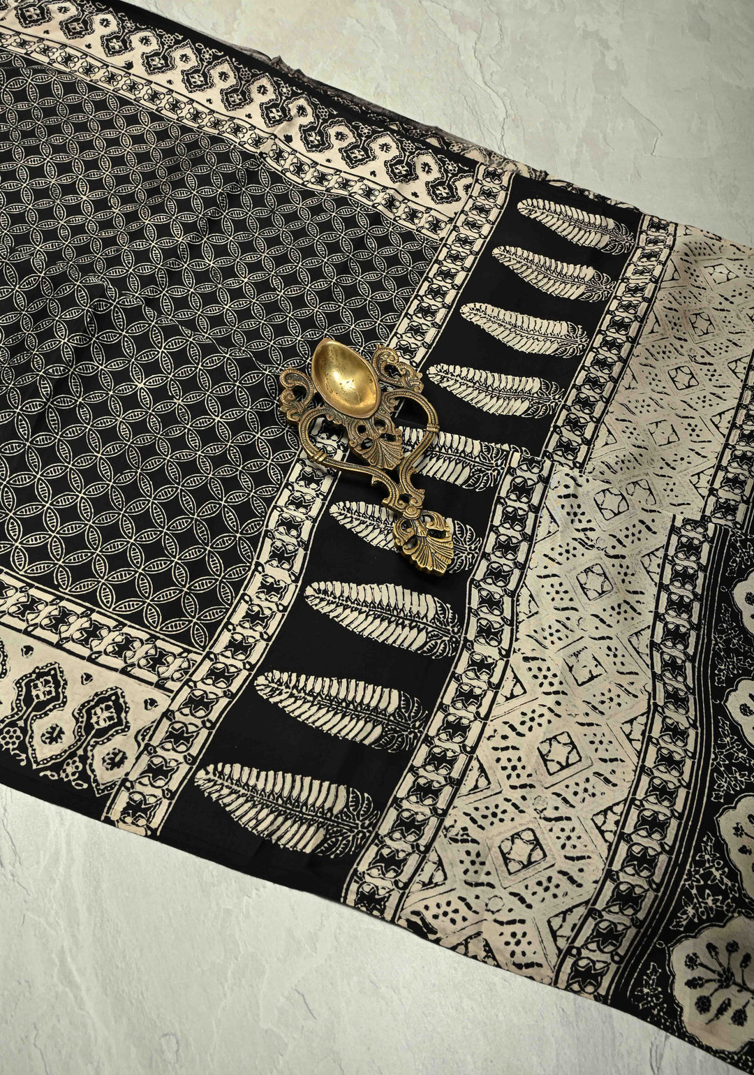 Black Modal Silk Saree with Geometric Hand Block Print