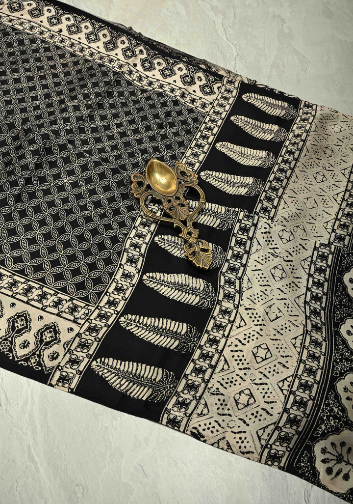 Black Modal Silk Saree with Geometric Hand Block Print