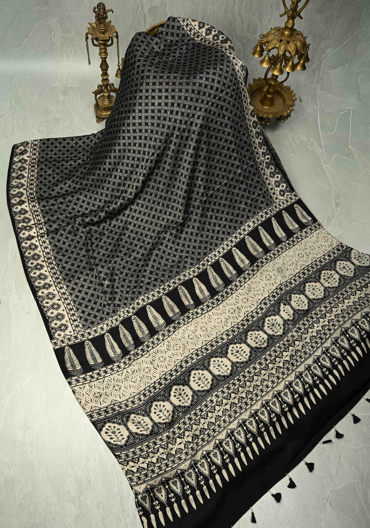 Black Modal Silk Saree with Geometric Hand Block Print